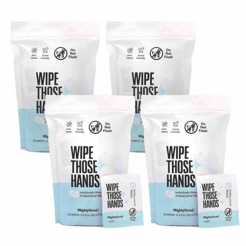 MightyGood Wipe Those Hands On-The-Go Sanitizing Wipes -12 Packs of 10 Individually Wrapped Wipes, 120 Total - Alcohol & Fragrance-Free - Travel Friendly - Image 1